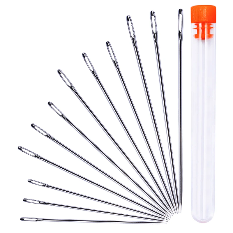 LMDZ 12 PCS Stainless Steel Hand Large Eye Sewing Needles Hand Stitching Needles with Plastic Bottle for Sewing Act Supplies