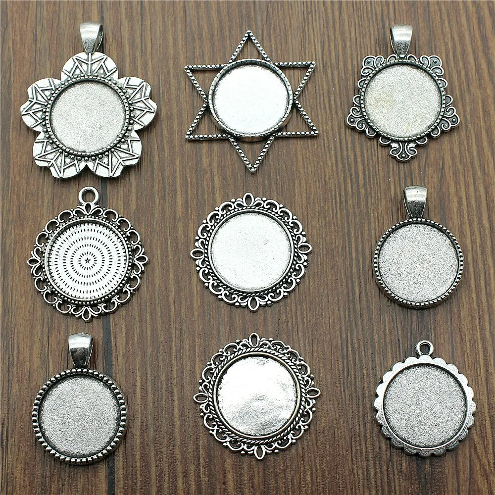 10 sztuk Fit 20mm okrągły szkło Cabochon baza ustawienie wisiorek taca do tworzenia biżuterii DIY antyczne srebro kolor FM4025