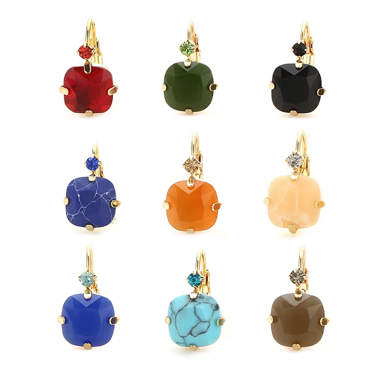 Classic Luxury Jewelry Cute Women Gift Fat Square Multi Color Section Stone Clip Claw Rhinestone French Clip Charm Gold Earrings image 5