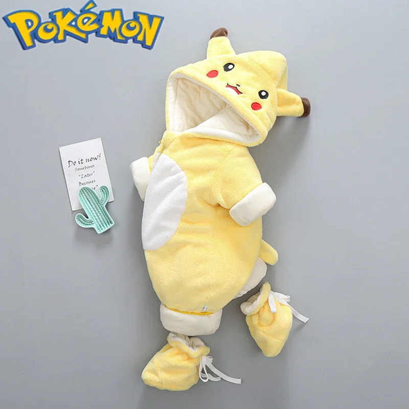 Pokemon Pikachu children\'s one-piece clothes winter baby out warm plus velvet Kawaii Japanese animation around birthday gift