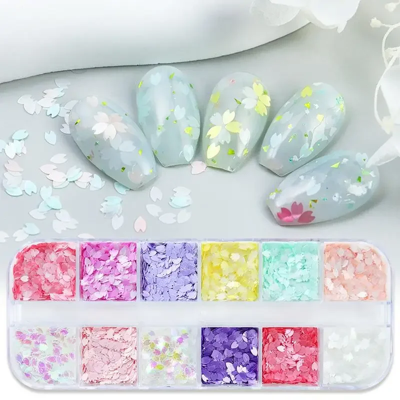 6/12グリッド桜の花びらネイルアートグリッタースパンコールホログラフィックネイルフレークスパンコールミックス虹色パウダーネイルデコレーション