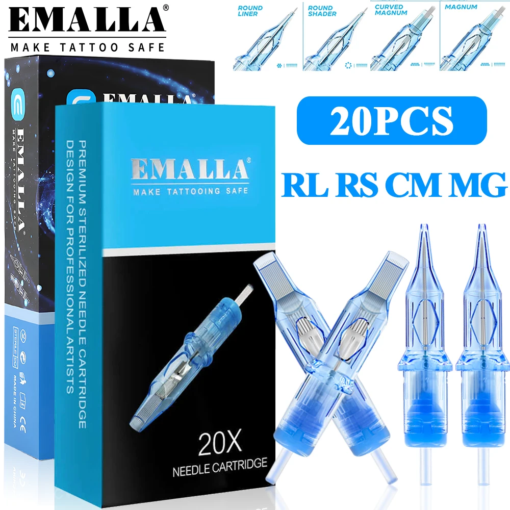 20pcs EMALLA ELIOT Tattoo Cartridge Needles RL RS MG CM Disposable Sterilize Tattoo Needles for Cartridge Tattoo Machine