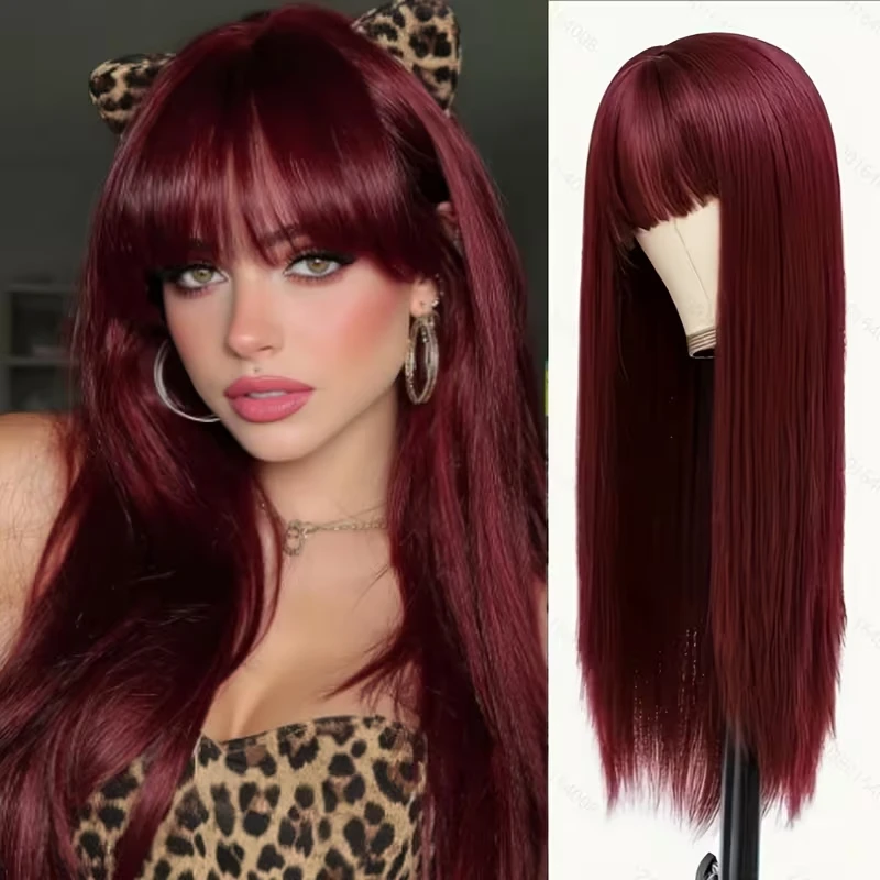 Dark Dark red best-selling straight hair synthetic wig for Halloween party, cosplay role-playing wig, daily wig, hot wire wig headban - Aliexpress Deal