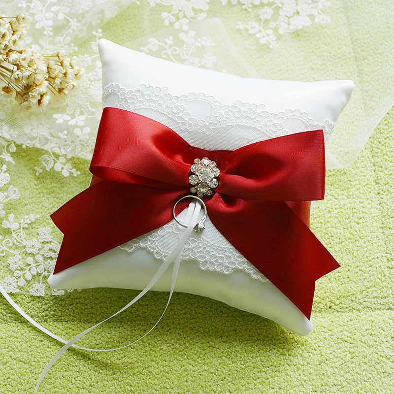 

Elegant Wedding Decoration Ring Pillow Bride Cushion Lace Bowknot Red Ring Holder Party Decoration Baby Shower Accessories