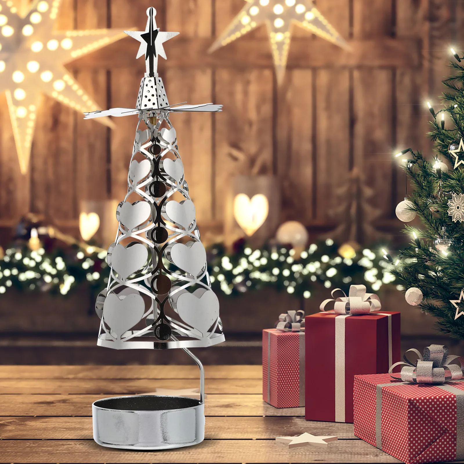 

1pc Christmas Tree Shape Holder Xmas Candlestick Rotatable Metal Desktop Ornament Party Supplies Silver Christmas Stand