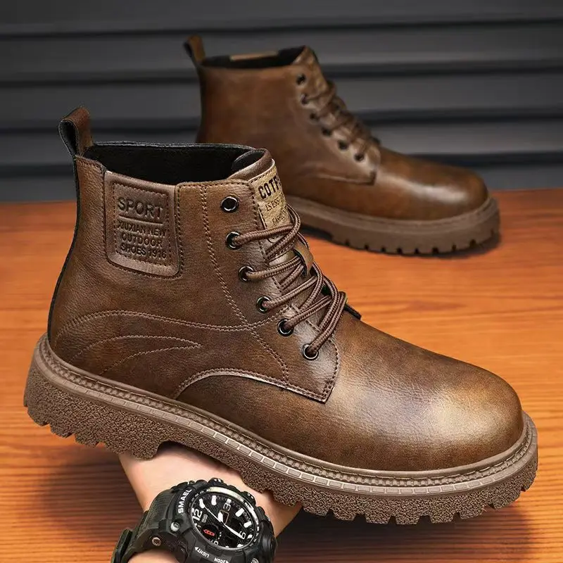 

Мужские осенне-зимние высокие рабочие ботинки из натуральной кожи большого размера на толстой подошве, нескользящие водонепроницаемые ботильоны в британском стиле на шнуровке