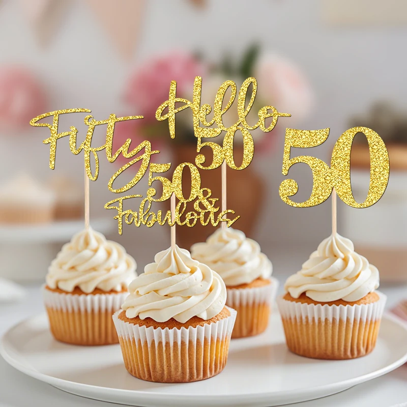 NUBECOM 24 Stück Geburtstagstorte Dekoration Glitzer 50 Cupcake Topper für Hallo 50 Hochzeitstag Party Kuchen Dekor Zubehör – Detail 8