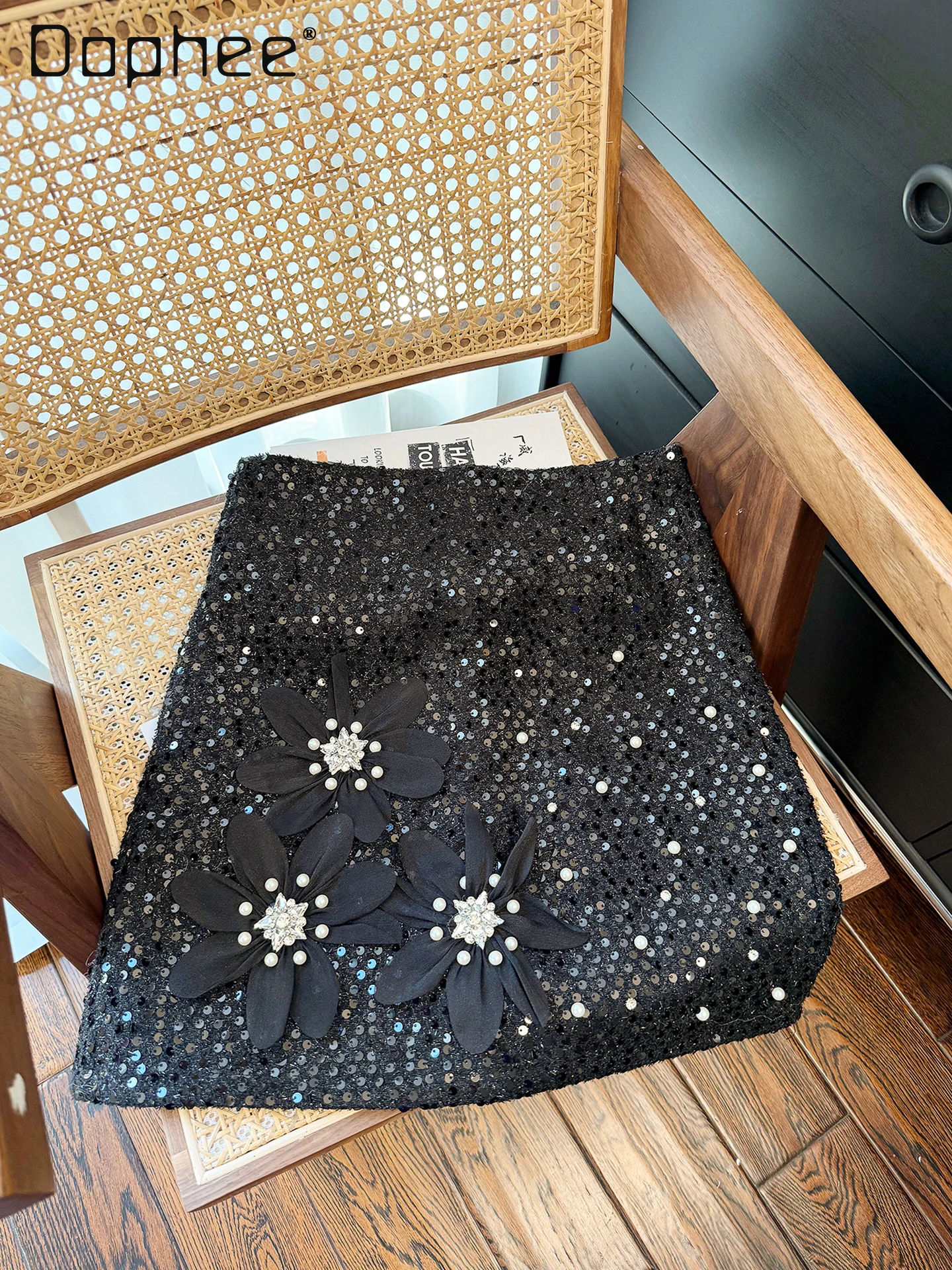 Heavy Sequin Embellished Beaded Floral Mini Skirt Women 2025 Winter Korean Chic Versatile High Waist Slim Black A-line Skirts