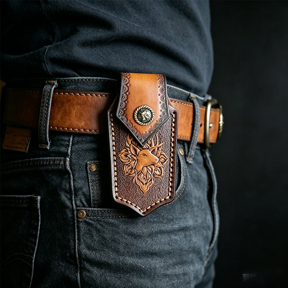 15CM Embossed First‑Layer Cowhide Leather Knife Sheath, Belt Buckle Protective Holster Case for Folding Knives Tool Accessory