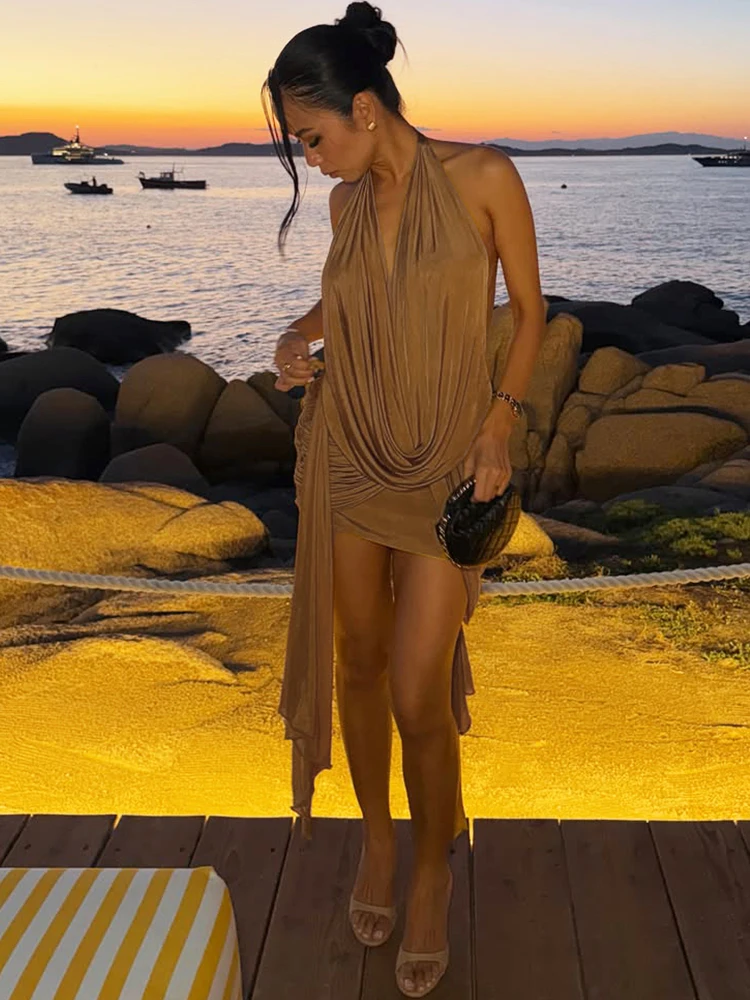 Sisterlinda Trend Rückenfreies Kleid für Damen mit Quastenverzierung, Neckholder, Swing-Kragen, Wickel-Hüftpartie, elegantes, gerafftes Bodycon-Kleid für Mitternachts-Ballpartys