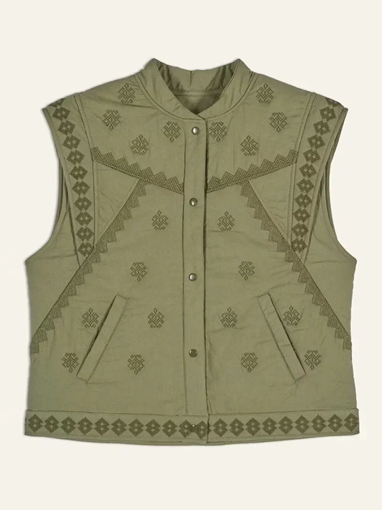 Gilet senza maniche con bottoni automatici giacca con colletto alla coreana retrò stampa gilet corto in cotone trapuntato 2024 moda nuovi gilet Top per donna