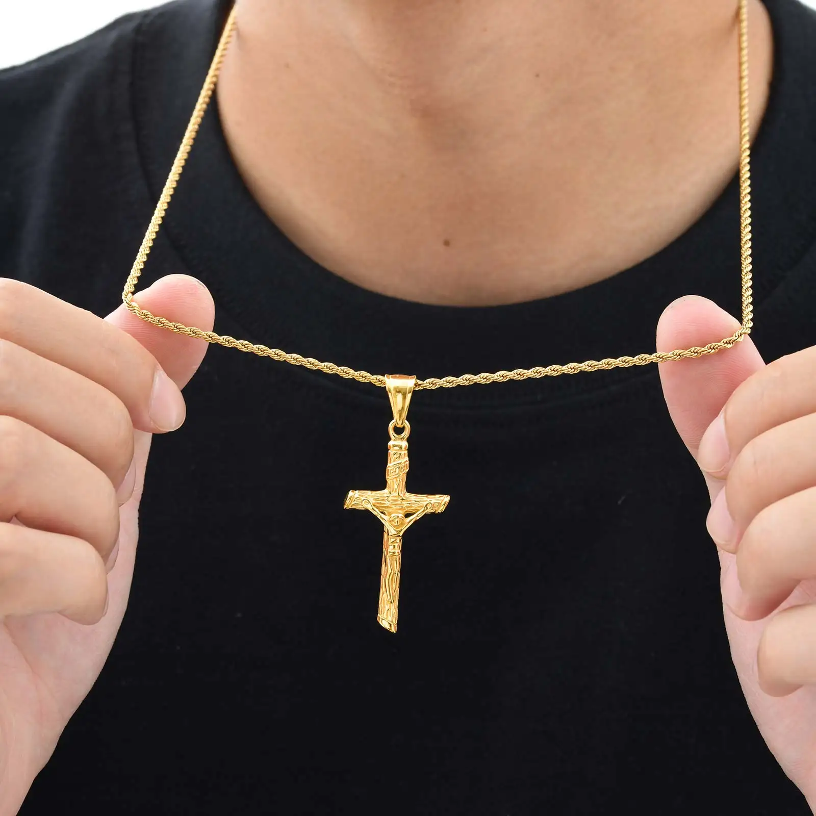 Edelstahl-Kreuz-Halskette für Männer, christliche Jesus-Anhänger-Halskette, Katholizismus, religiöser Glaube, Schmuck, Ostergeschenke – Detail 3