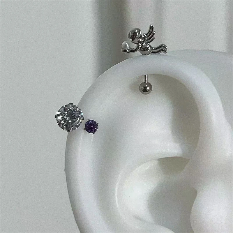 1 PCS Cute Cupid Ange 316L Stainless Steel Ear Bone Nail Silver Color Heart Wing Conch Piercing Earrings For Women Jewelry Gifts
