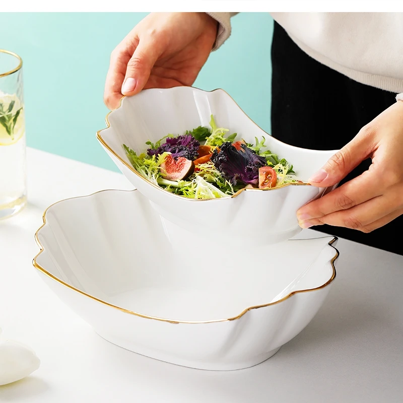 European tracing gold Ceramic Household Soup Bowl shaped Pasta Bowls Fruit Salad Cold Dish Hotel restaurant cutlery