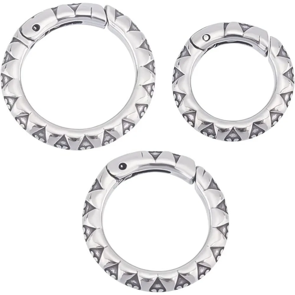 3Pcs 3 Sizes Spring Gate Rings 304 Stainless Steel Textured Spring Clasps Antique Silver 7 Gauge Carabiner Keyring Snap Rings