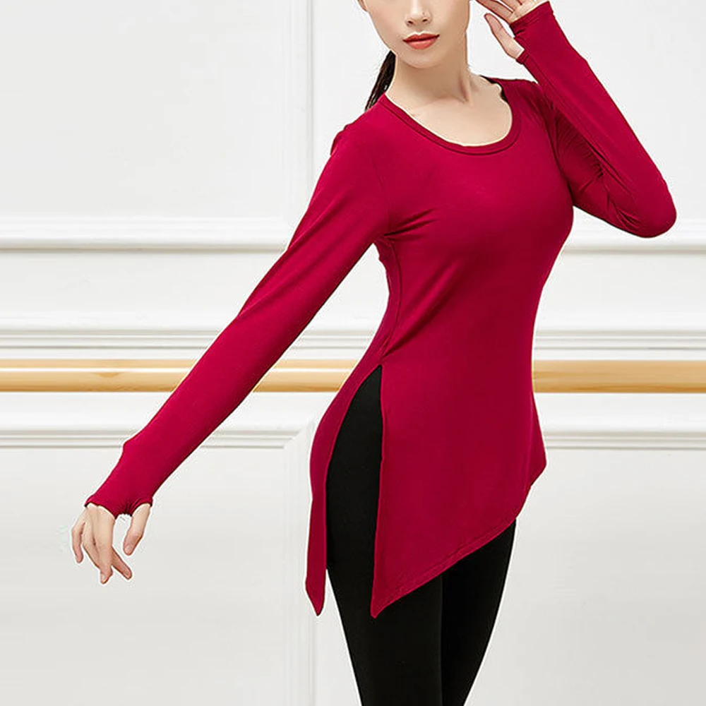 

Sexy Fitness Yoga Dance T Shirt Women Clothing O Neck Long Sleeve Aesthetic Top Black Red Slim Stretch Forked T-Shirts Tee Lady