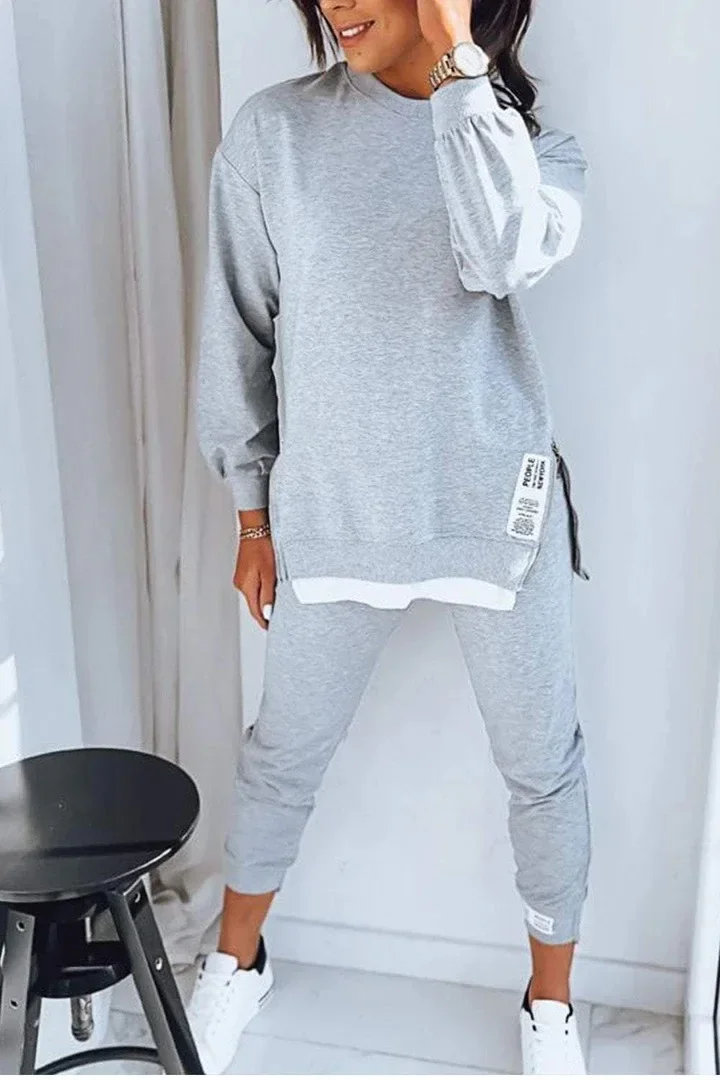 Women\'s New Autumn Fashion Loose Casual Solid Color Two-piece Crewneck Long-sleeved Patchwork Hoodie + Small Foot Pants Suit