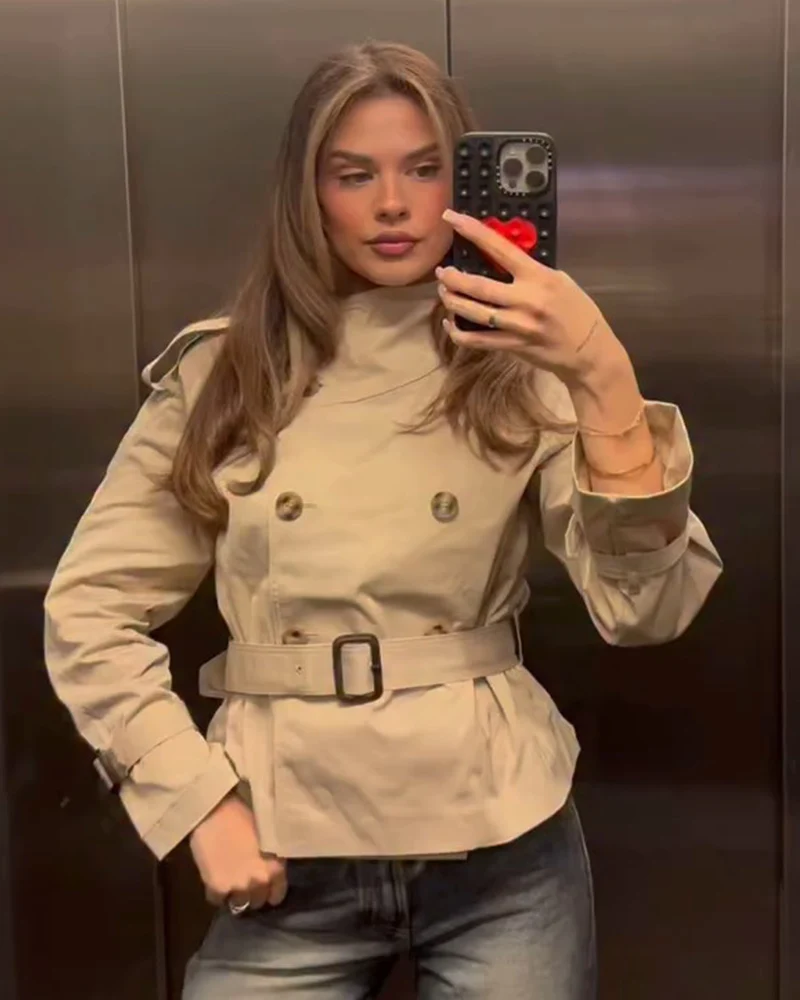 Women's Jacket 2026 New Spring Autumn Solid Color Waist Belt Short Jacket for Women Ladies Trench Coat Casaul Chic Women Outwear