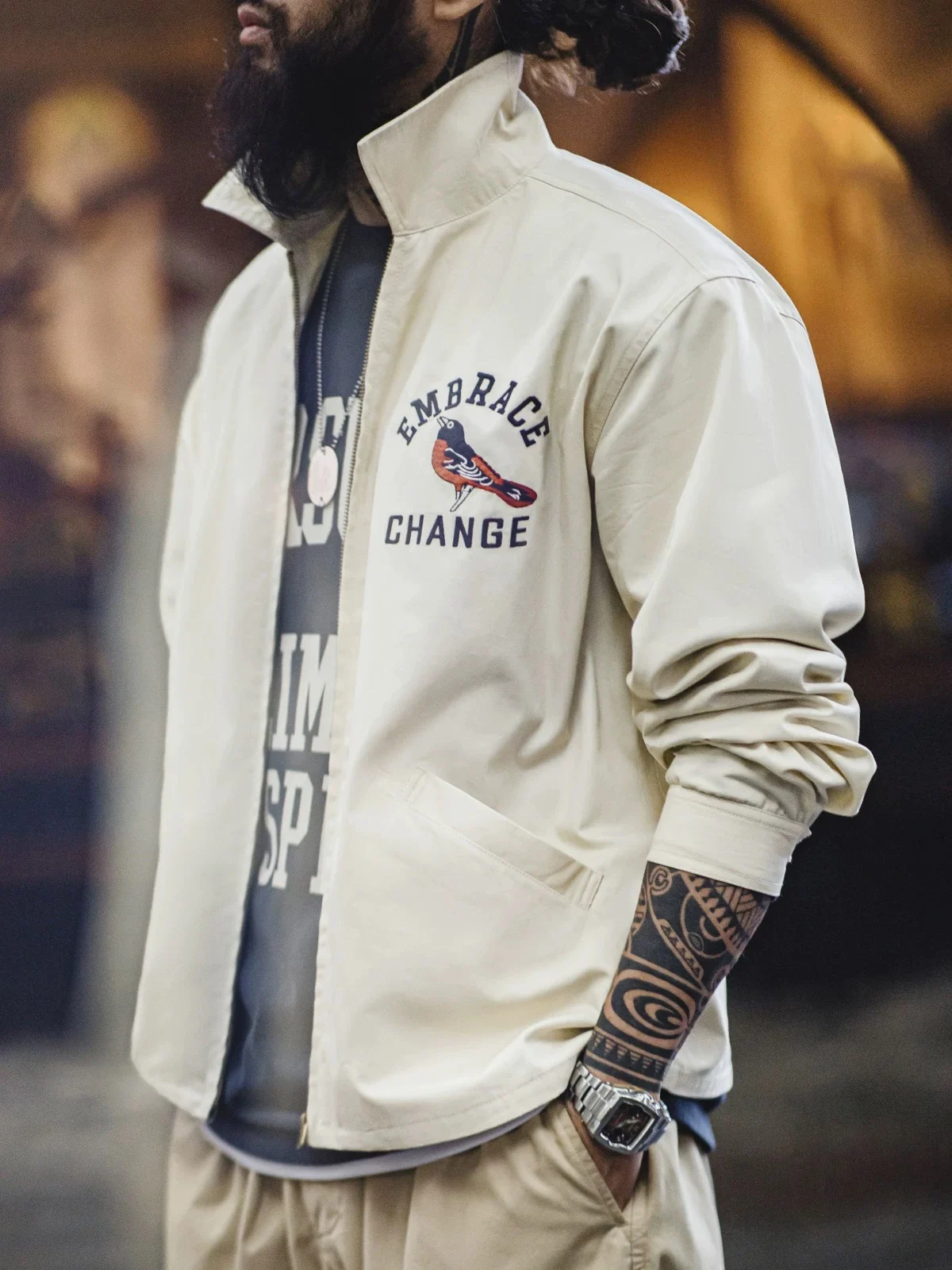 

Maden Vintage Embroidered Loose Fit Jaet with Stand Collar for Men Spring Autumn Cotton Stand Sle Outerwear