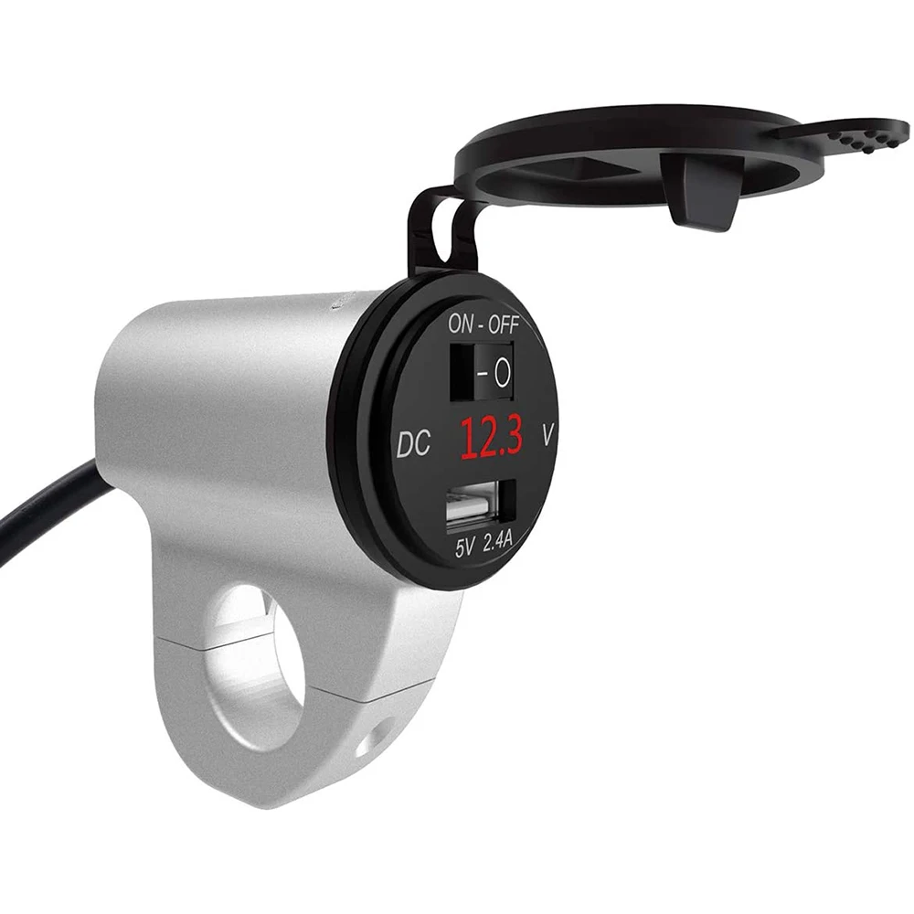 

Aluminium Alloy Motorcycle Handlebar Mount 2.4A USB Charger Voltmeter ON/Off Switch SAE Fits for 22mm-26mm Handlebars