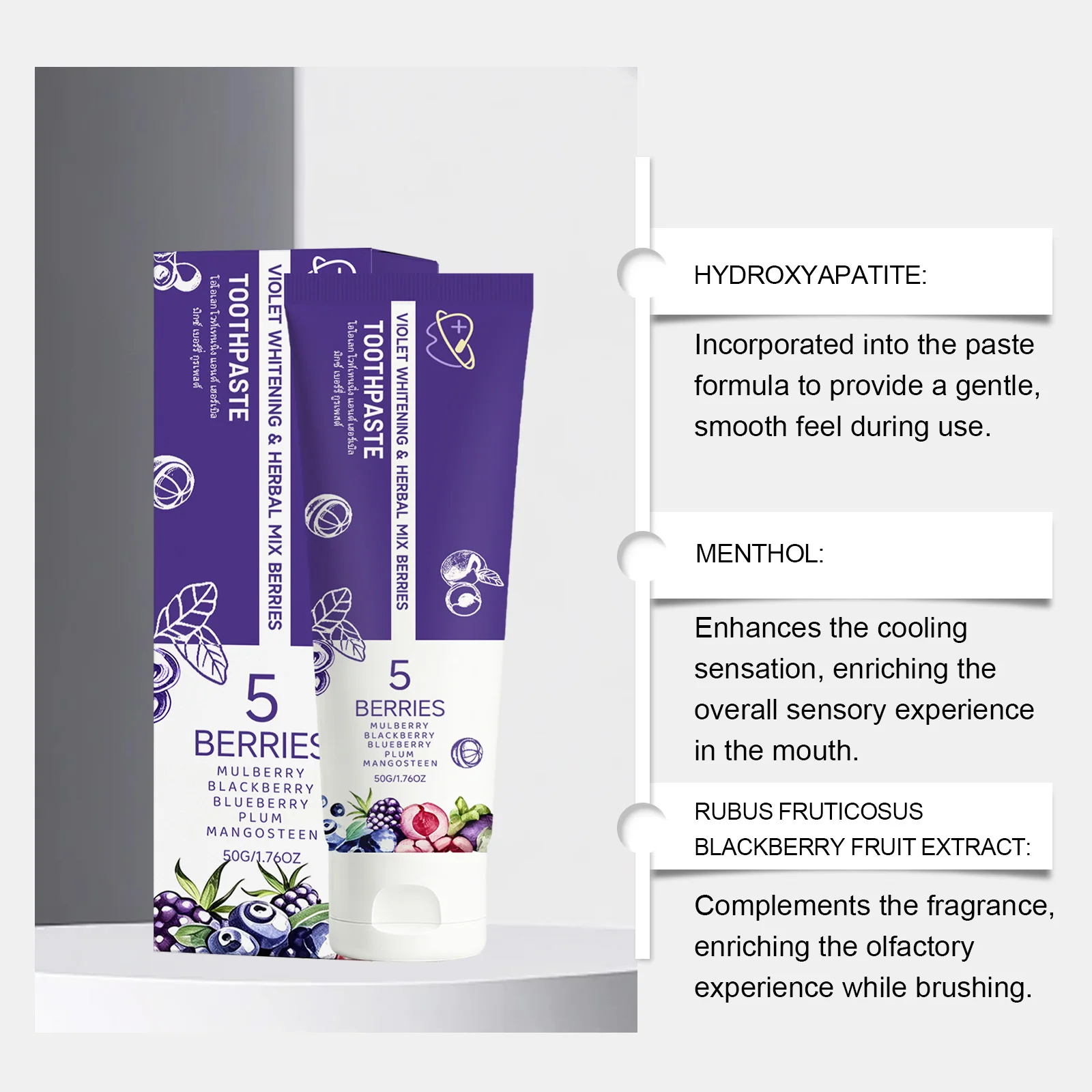 Violet Whitening Toothpaste 5 Berries Herbal Mix Fresh Breath Teeth Cleaning Oral Care 50G Daily Use
