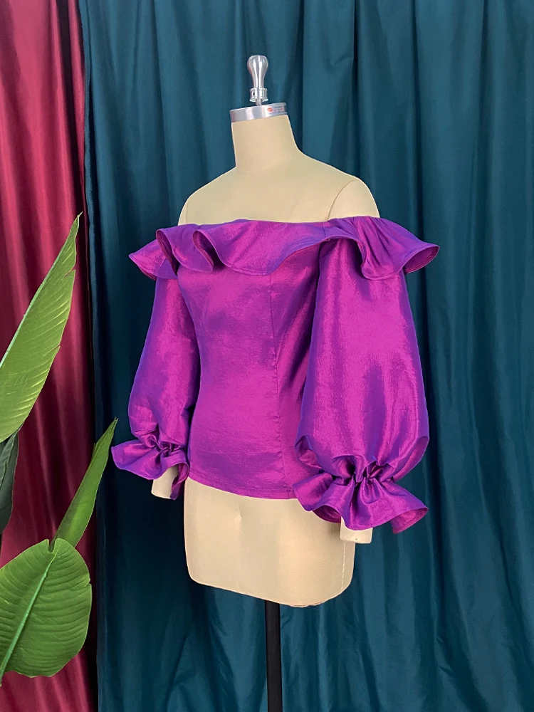 Women Blouse Shiny Off Shoulder Ruffle Sexy Party Shirt Tops Purple Birthday Large Size 2023 Fashion Female African Summer Bluas