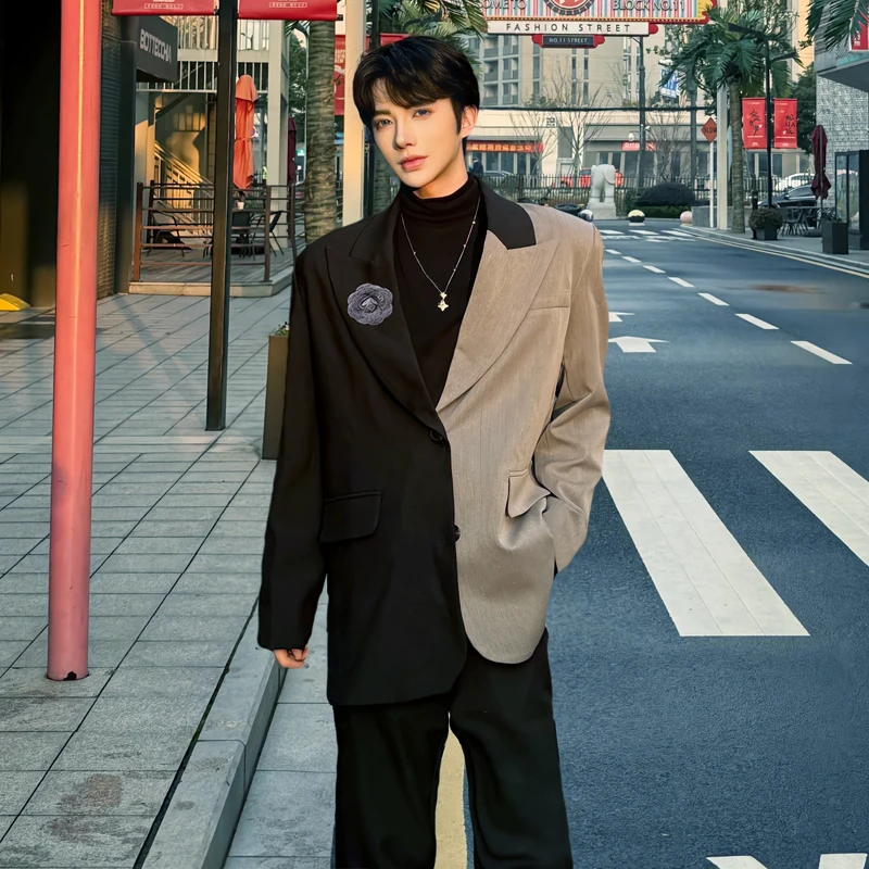 WVGA Spring Autumn New Men Tide Irregular Color Block Trendy Printed Blazer Niche Chic Casual Shoulder Padded Suit Jacket W16545
