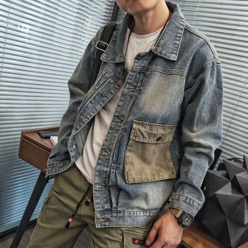 Male Jean Coats Outwear Autumn Blue Men's Denim Jacket Overcoat Cargo Wide Shoulders New in Menswear Original Winter 2024 Washed