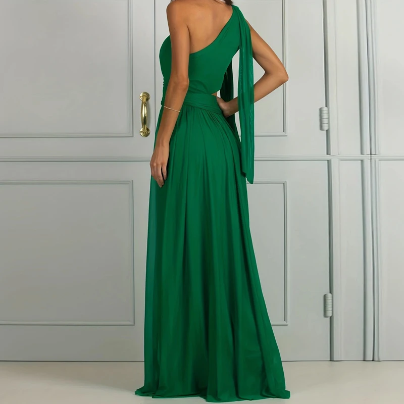 2023 Sexy Diagonal Neck High Waist Mesh Dress Fashion One Shoulder Sleeve Hollow Evening Dress Green Elegant Backless Long Dress