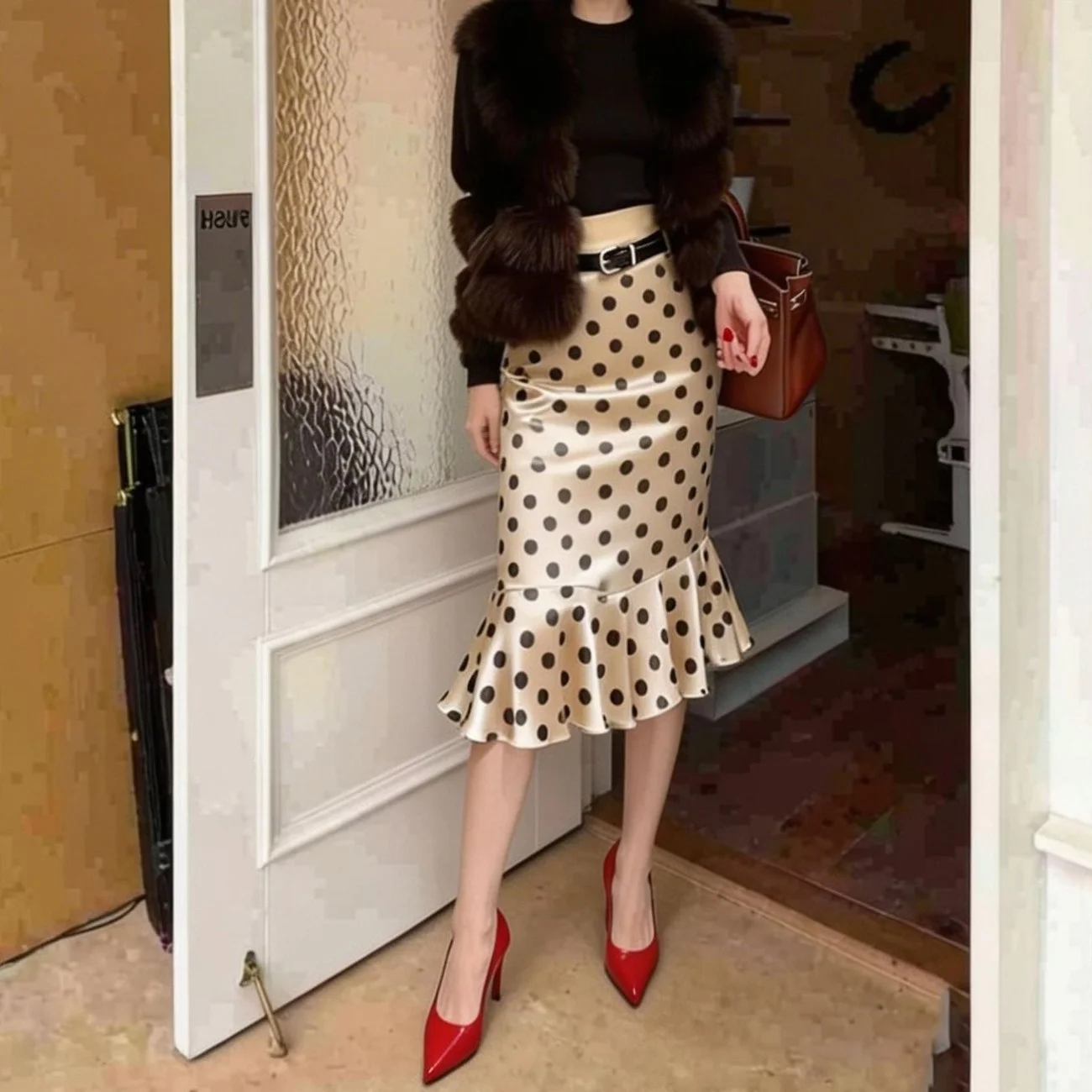 New Fashion Satin Mermaid Skirt Retro French Polka Dot Patchwork High Waist Office Work Elegant Bodycon Skirts Women's Clothing