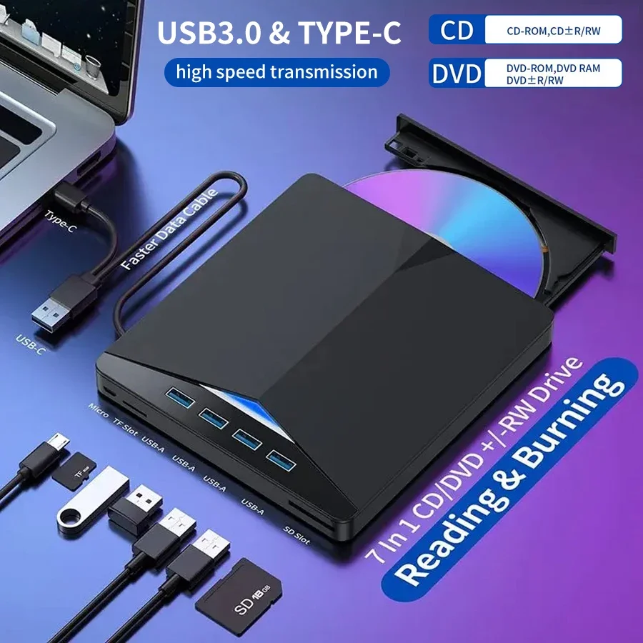 7-in-1 USB3.0 TypeC Slim esterno DVD RW CD Drive Burner lettore lettore unità ottica esterna per PC Laptop Desktop IMacs