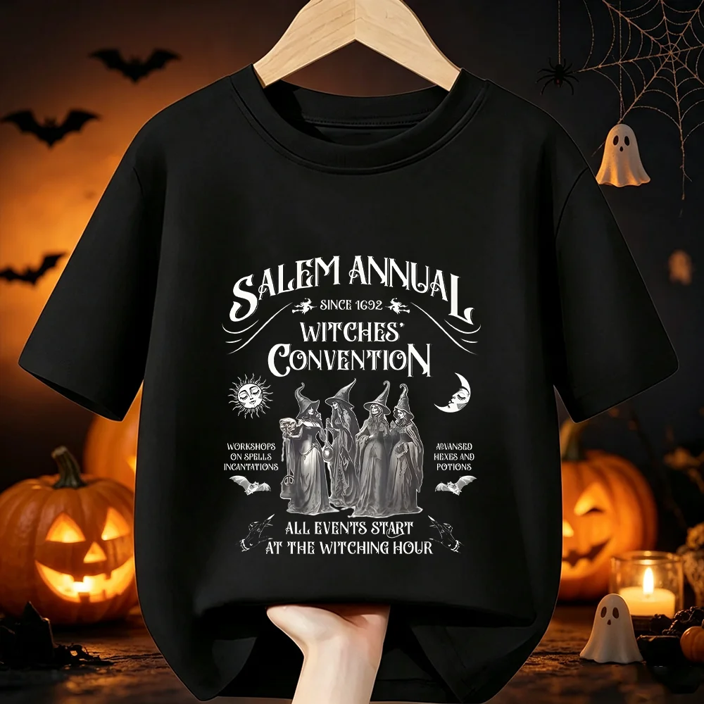 Kids Halloween T‑Shirt Vintage Salem Witches Convention Spooky Text Art Holiday Print Short Sleeve Cotton Boys Girls Party Tee