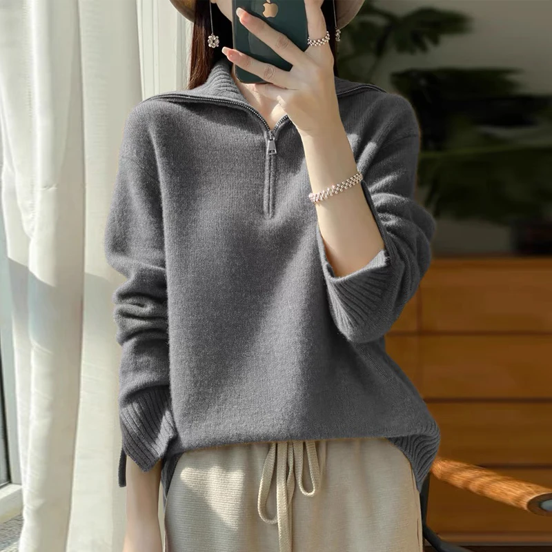 Autumn Winter Commute Vintage Loose Sweaters Fashion Solid Jumper Women Zipper Turn-down Collar Wool Knitted Pullovers