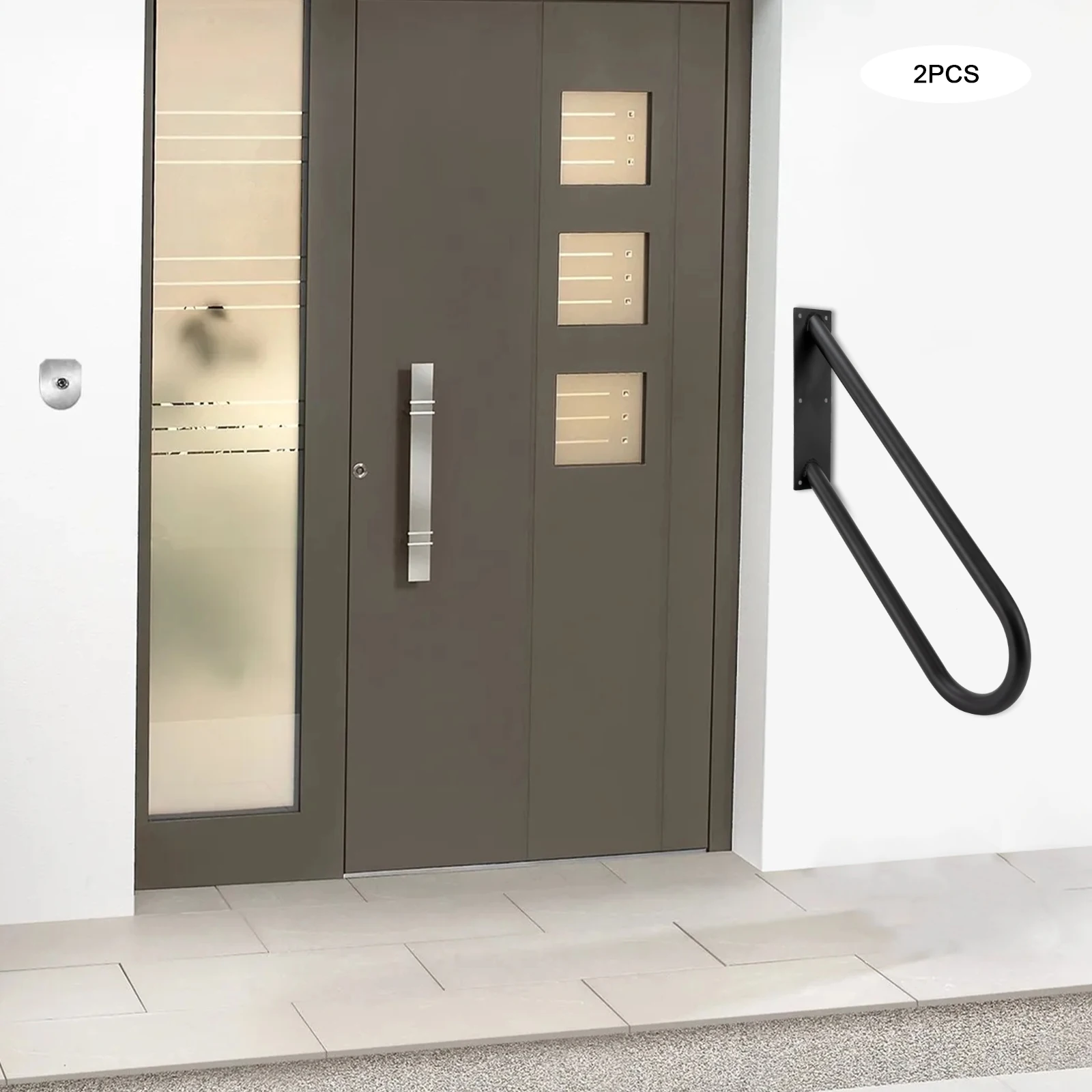 Corrimano per scale da esterno in confezione da 2, ferro a forma di U, trazione massima di 220 libbre, vernice nano per cottura, supporto a parete per 1-3 gradini