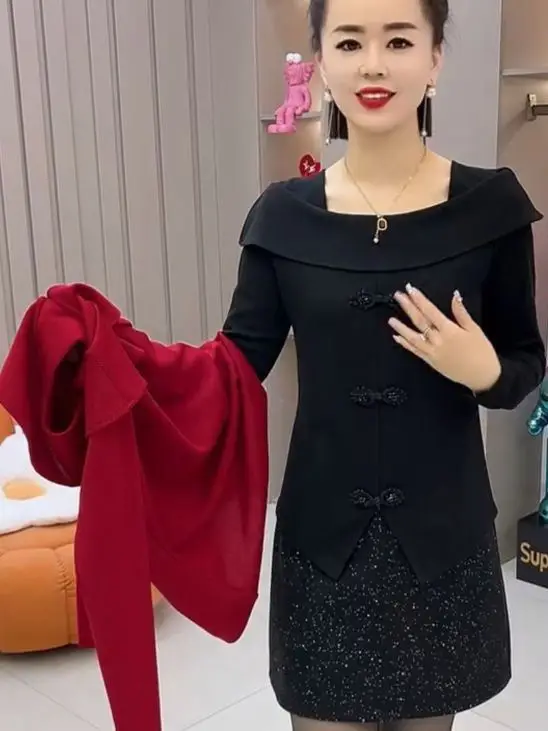 Spring Autumn New Style Slimming Knitted Top Chinese Traditional Button Long Sleeve Fashionable Base Layer Outerwear
