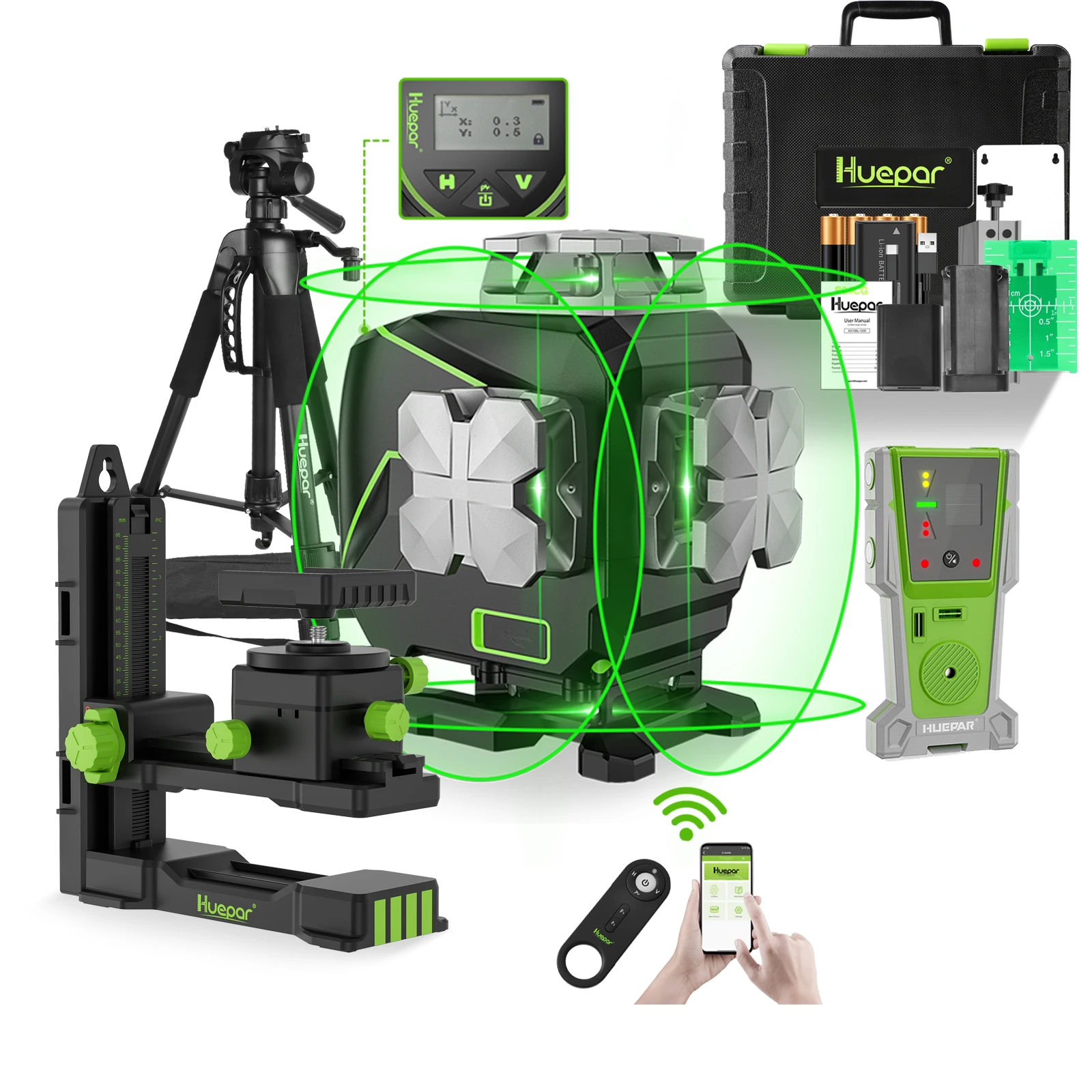 Huepar S04CG 16-lijnen laserniveau, zelfnivellerende kruislijnen laserniveauset met detector, statief, afstandsbediening, LCD-scherm - afbeelding 2