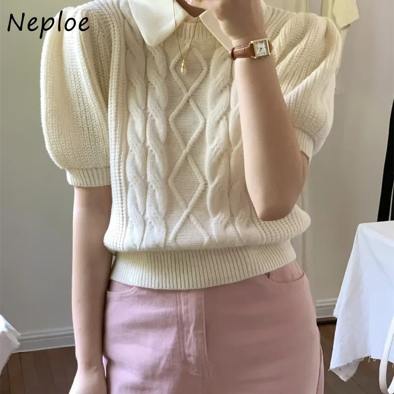 Neploe French Vintage Temperament Fake Two-Piece Tees Femme 2024 Early Autumn Fried Dough Twists Short Sleeve Knitted T-Shirts