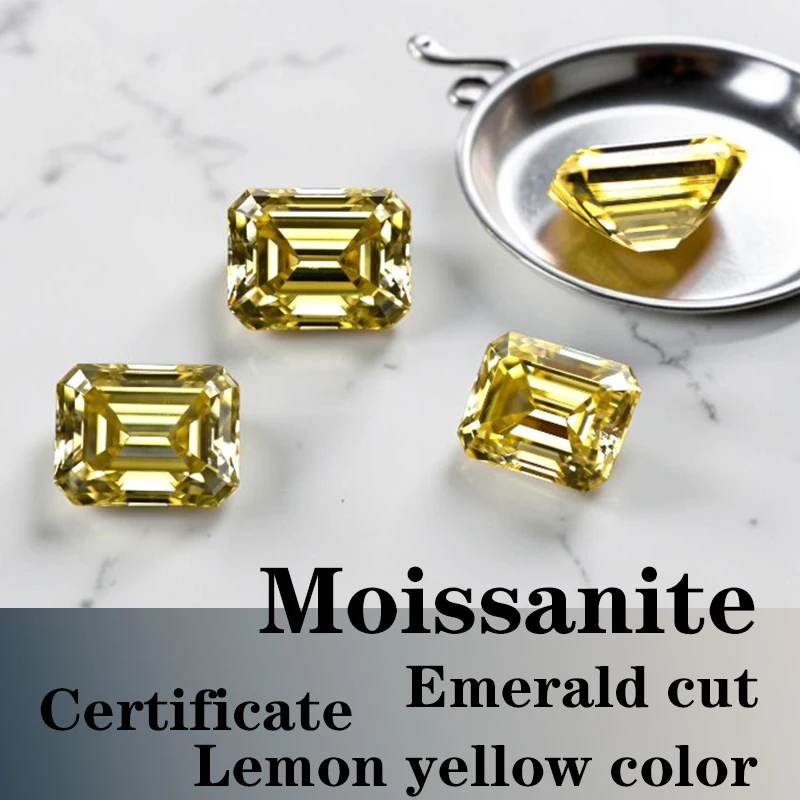 

Moissanite Stone VVS1 Emerald Cut Lemon Yellow Color Certificate Synthetic Gemstone