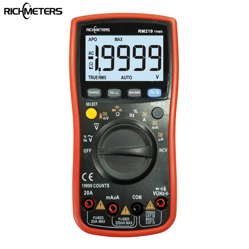 Multímetro Digital Freqüência Ncv Desligamento Automático Amperímetro de Tensão ac dc Ohm Atual True-rms 19999 Contagens Richmeters-rm219