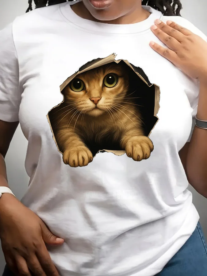 Summer Cute Kitten T-Shirts Kawaii Cat 3D Print Women's Round-Neck Short Sleeve T Shirt Harajuku Tees Y2k Tops Female Clothing