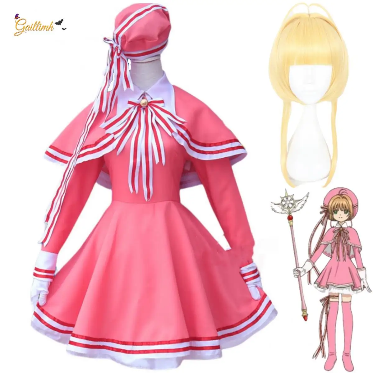 

Anime Cardcaptor Sakura Card Captor Kinomoto Sakura Cosplay Costume Wig Pink Combat Uniform Dress Woman Kawaii Christmas Suit