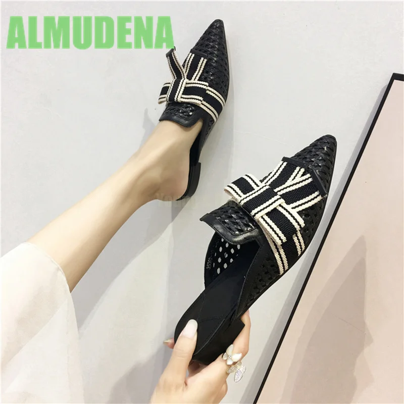 

Bow Shaped Baotou Slippers for Summer Black Pointed Toe Fashionable Leather for Casual Wear One Foot On Muller Flat Shoes