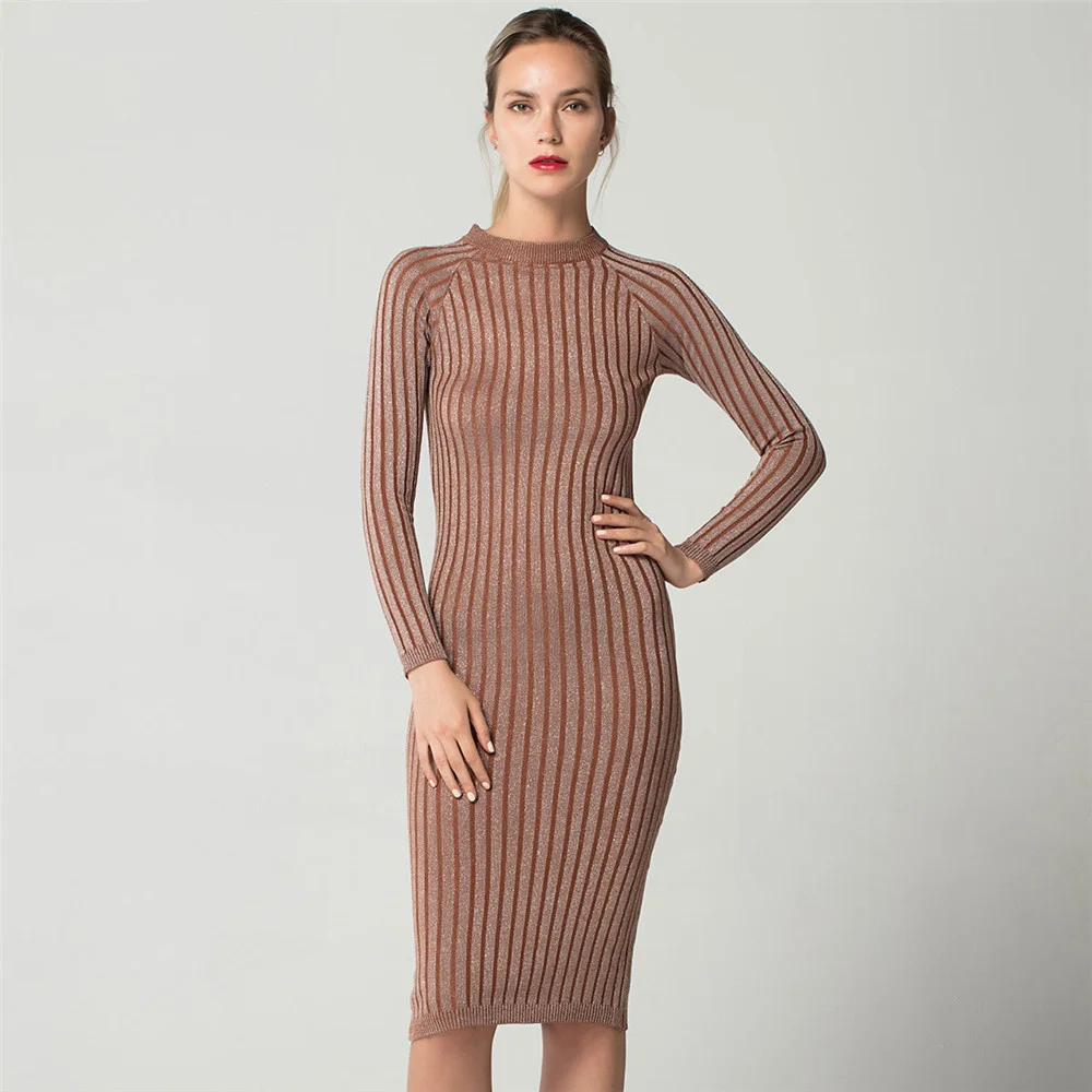 CRRIFLZ Slim Bright Silk Dress O Neck Knit Long Sleeve Dress For Women Bodycon Pencil Dress Office Lady Spring Autumn