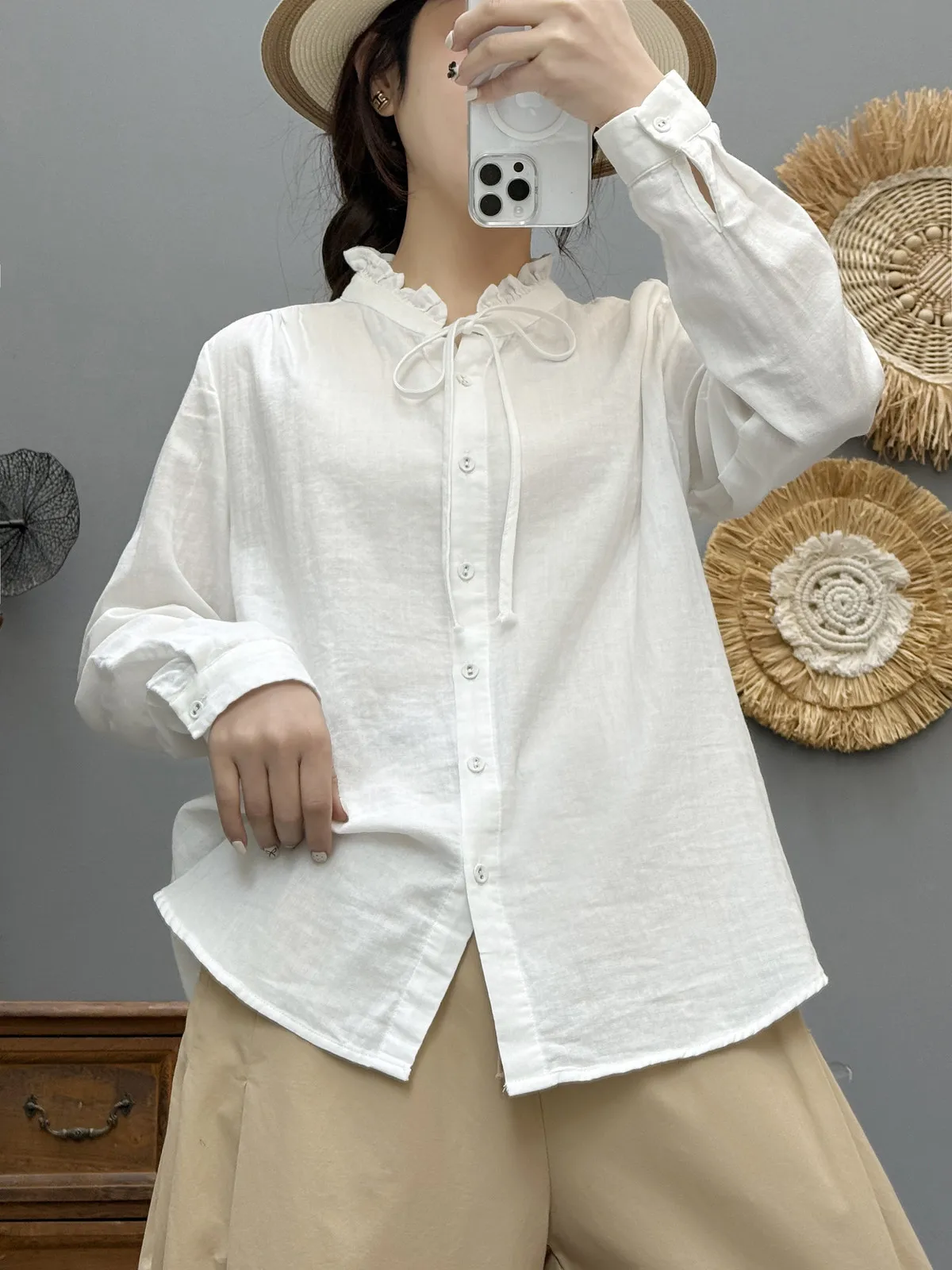 جديد 2025 قميص خريفي بأكمام طويلة من غزل القطن ، بلوزة نسائية فضفاضة مكشكشة برباط علوي ، بلوزة موري جيرل ناعمة OL متعددة الاستخدامات T57057CC