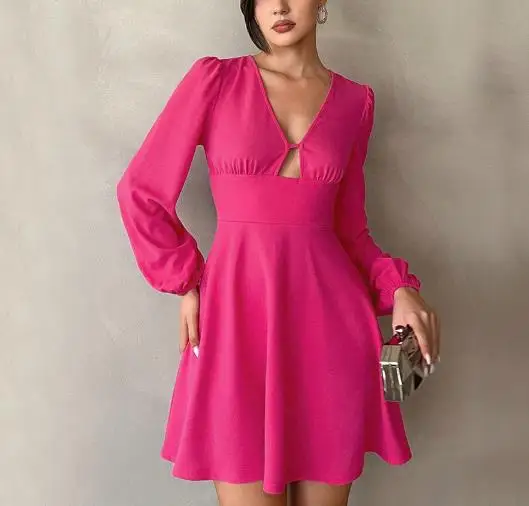 

2026 Autumn and Winter New Women's Clothing Collection Waist Cinched V-Neck Bubble Sleeves A-Line Skirt Temperament Mini Dress