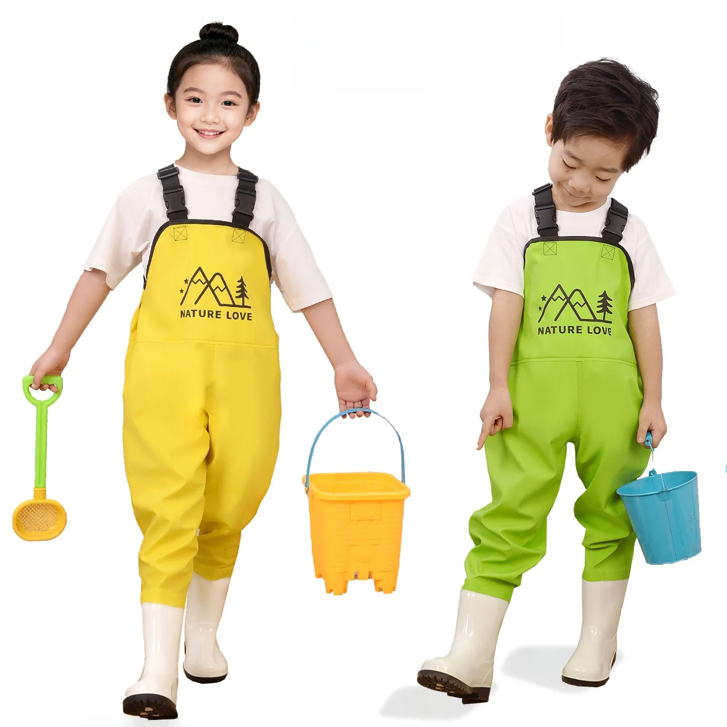子供用ワンピーススーツ-水遊び用-海釣りオーバーオール-屋外防水パンツ-ブーツ付き-保育園用屋外水着