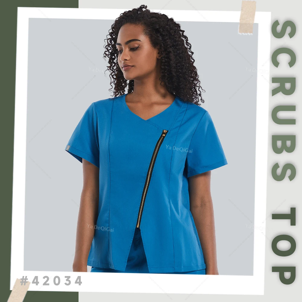 Nurse Tops Medical Scrubs Uniform Shirts For Women Dentisit Vet Doctor Zip V-Neck Workwear Fashion Nursing Lab Coat