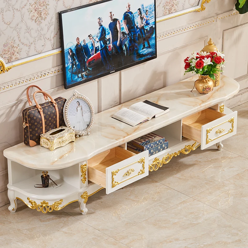 

European natural marble TV cabinet coffee table combination all solid wood white engraved simple TV cabinet oval floor cabinet