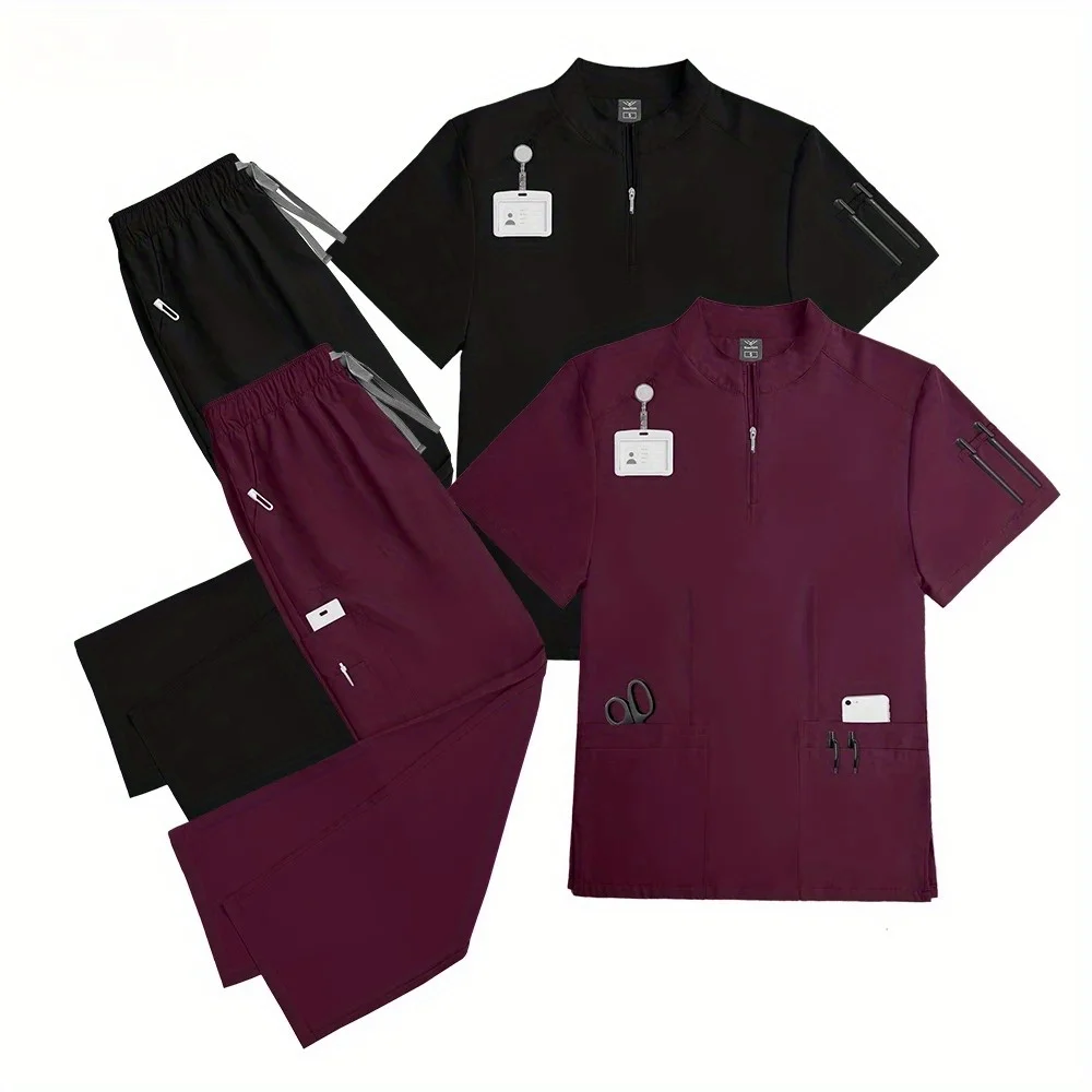 

Stand Collar Short Sleeve Zipper Hospital Nurse Work Clothes Beauty Salon Scrubs Uniforms Set Veterinary Clinic Uniform