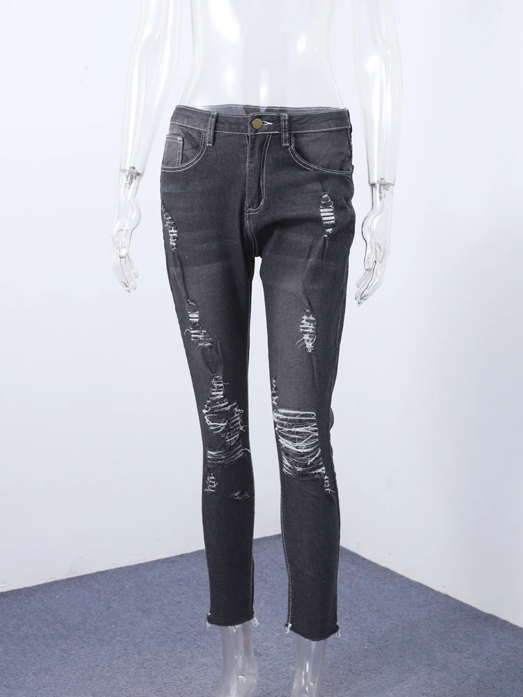 Damskie podarte jeansy na wiosnę 2026, niski stan, obcisłe, z kieszeniami na zamek, czarne, niebieskie spodnie dżinsowe, modne, damskie, styl Y2K, elastyczne, odzież wierzchnia, nowe.